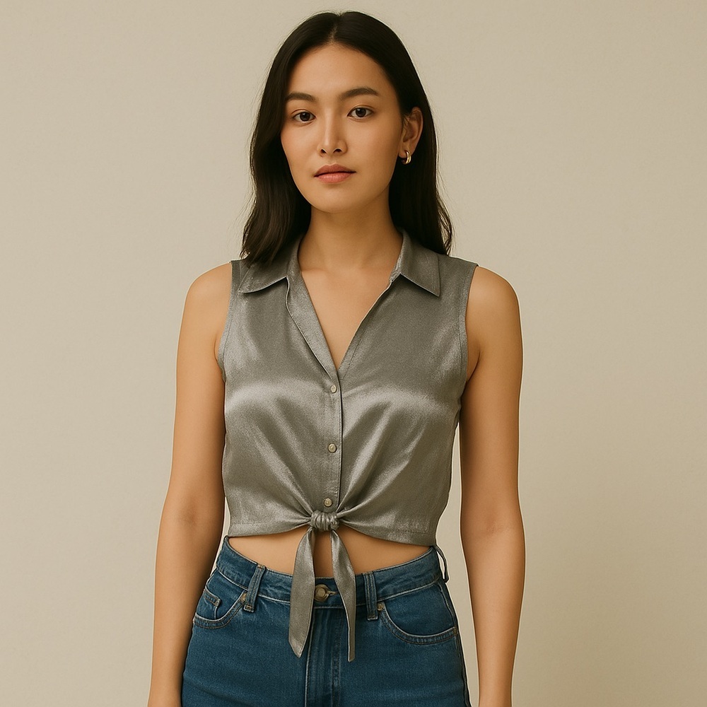 Vintage Silver Satin Tie-Front Sleeveless Blouse